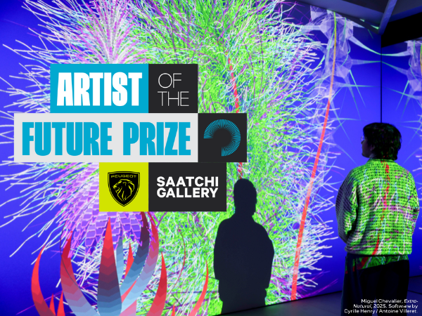 A person looks at colourful digital flowers projected on a wall. A logo overlay reads 'Artist of the Future Prize'